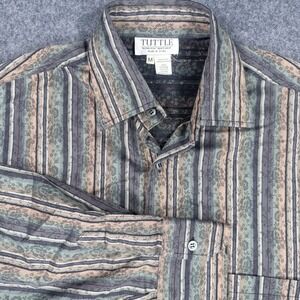 Tuttle Mens Medium Button Down Shirt Made in Italy Floral Stripe Cotton Green